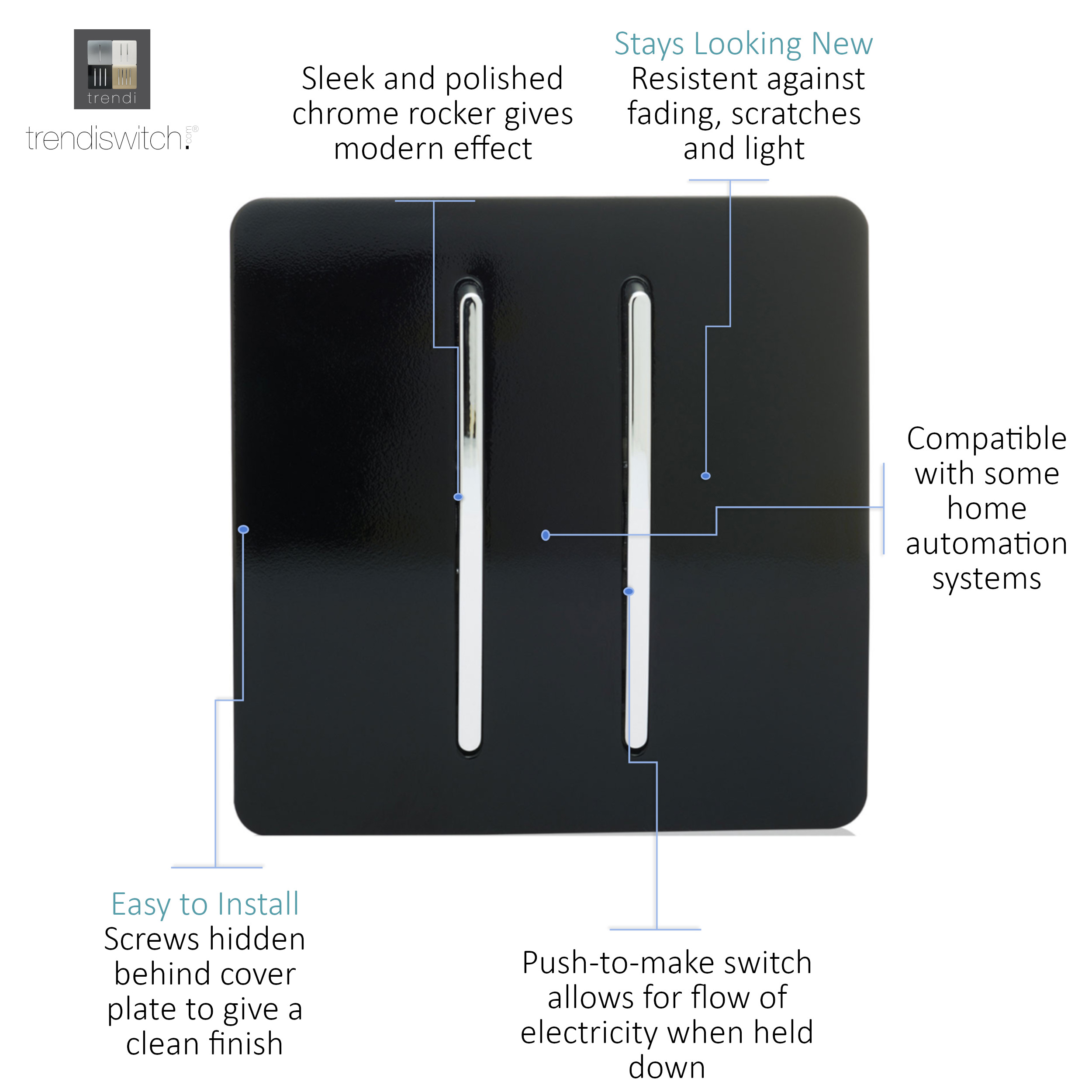 2 Gang Retractive Home Auto.Switch Gloss Black ART-SSR2BK  Trendi Piano Black